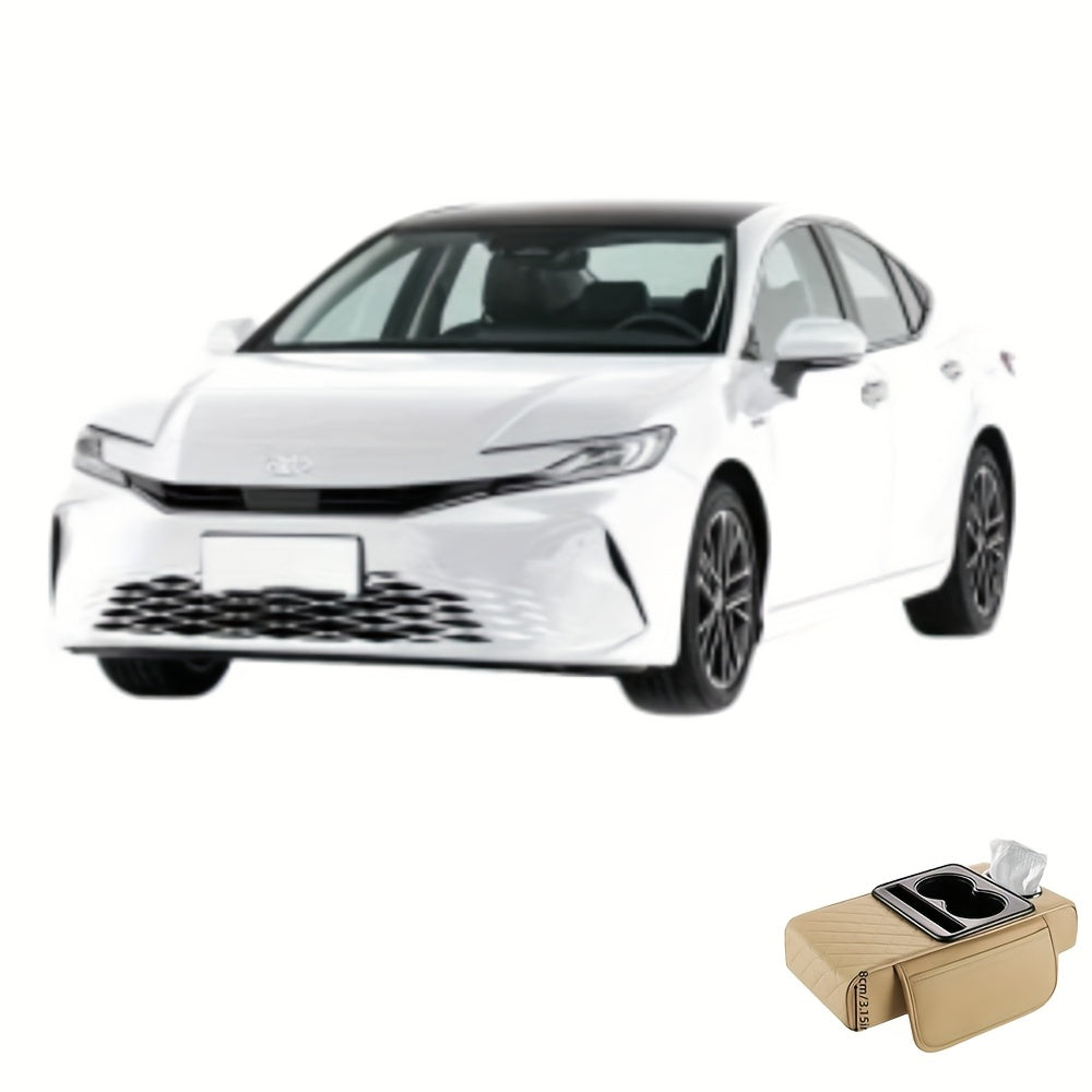 Faux Leather Car Armrest Storage Box Universal Fit All-Season Organizer for Water Cups Phones Tissues