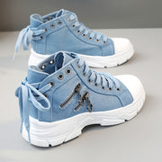 Zapatillas deportivas altas para mujer con lazo, transpirables, blanco y azul