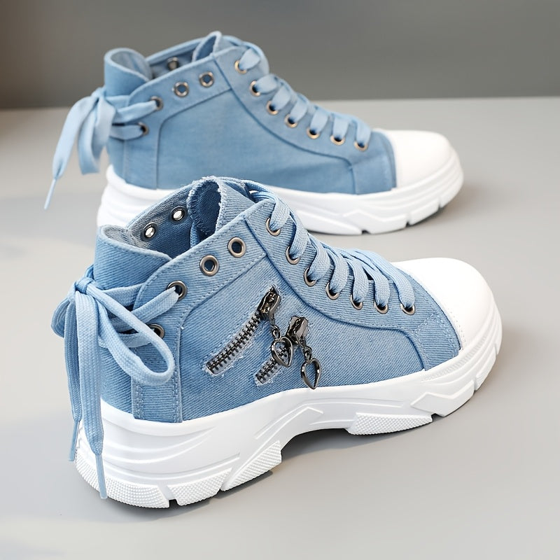 Zapatillas deportivas altas para mujer con lazo, transpirables, blanco y azul