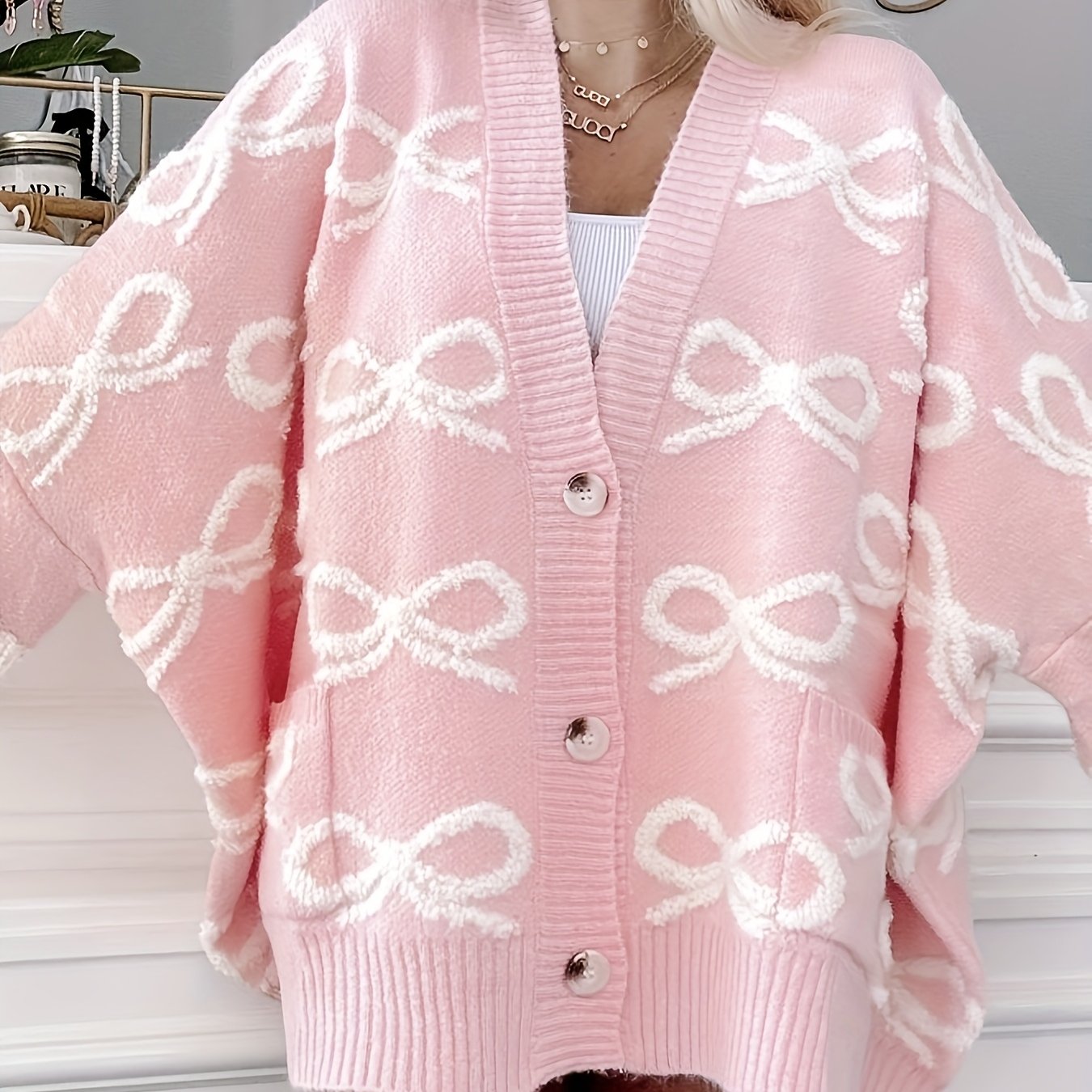 Women's Pink Oversized Butterfly Pattern V-Neck Cardigan Cozy Fall Sweater