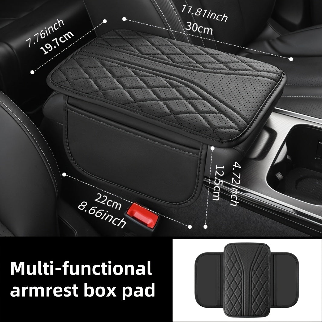 Car Interior Armrest Cover Diamond Stitch PU Leather Storage Organizer Gray