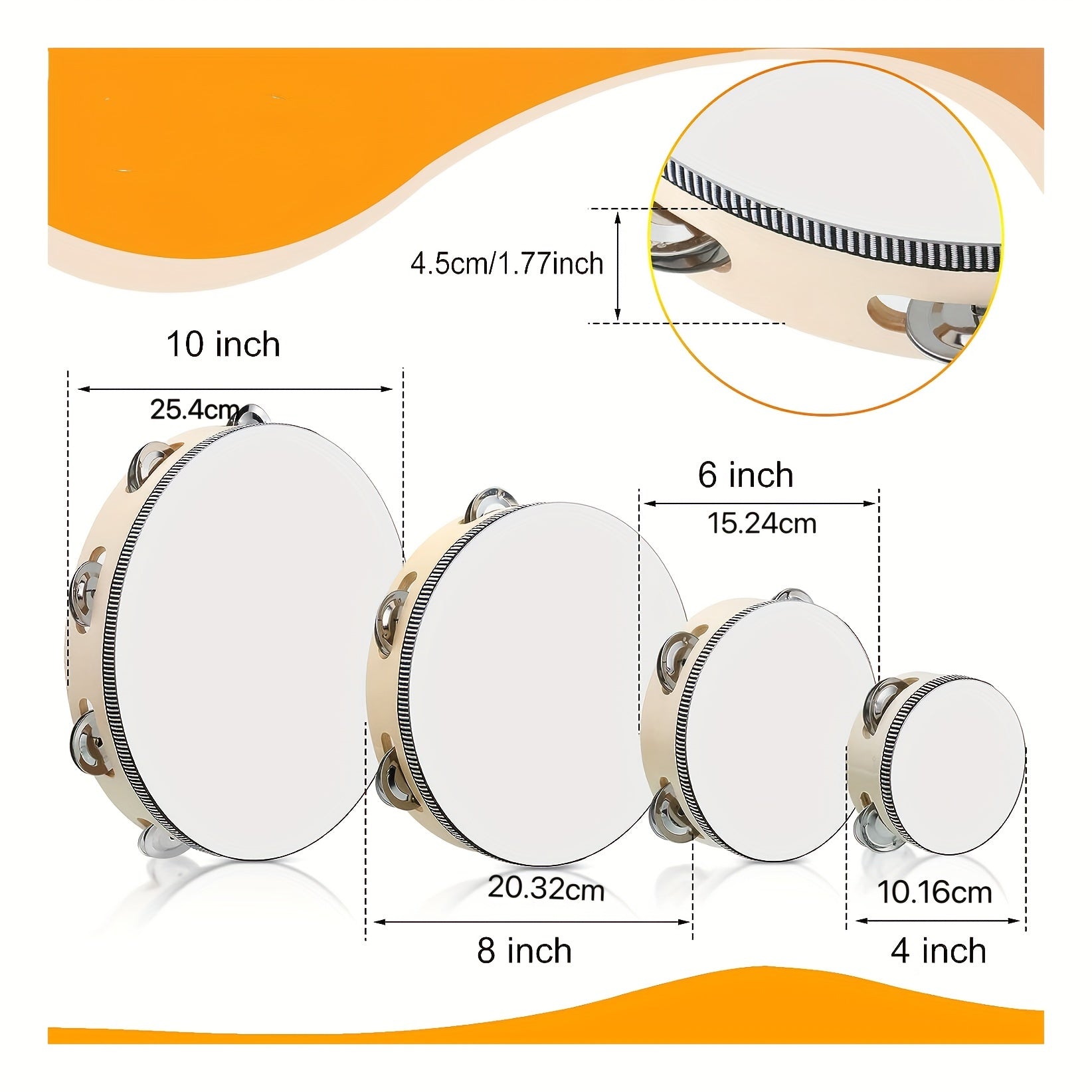 Bej Polyethylene Terephthalate qo‘l tamburini metall jingllari bilan bolalar va ta'lim musiqiy faoliyatlari uchun