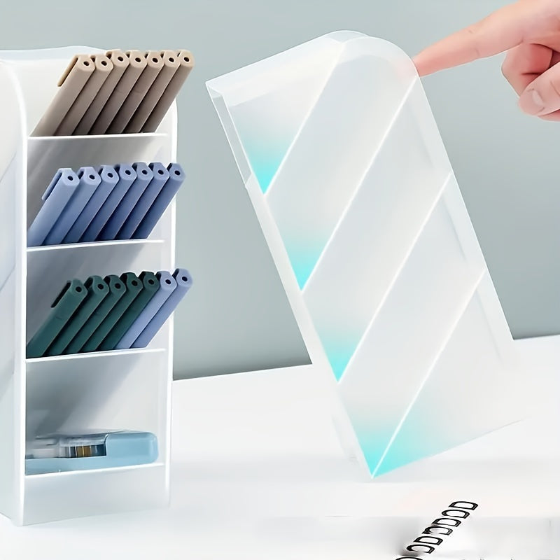 Ko'p funksiyali stol tashkilotchisi, shaffof plastik qalam ushlagichi va muzlatilgan qiyshiq qo'shimcha dizayni bilan. Ofis anjomlari, qalamlar, makiyaj cho'tkalari va lab bo'yoqlari uchun ishlatilishi mumkin. Siqilgan va joyni tejovchi.