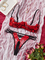 Women's Red Lace Lingerie Set with Striped Pattern and Embroidery