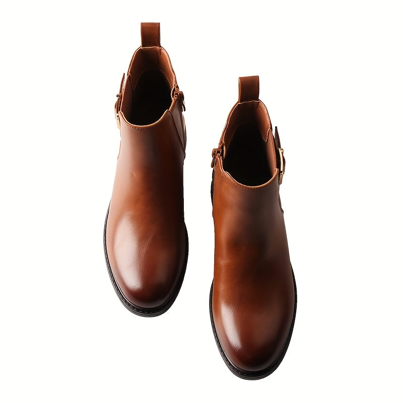 Женские кожаные короткие сапоги до середины икры в стиле casual с боковой молнией и толстым каблуком