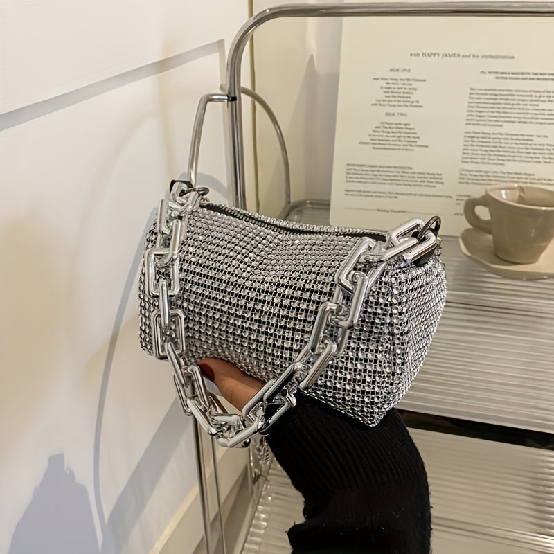 Women's Evening Bag with Chain Straps and Zipper Closure in Silver Gray