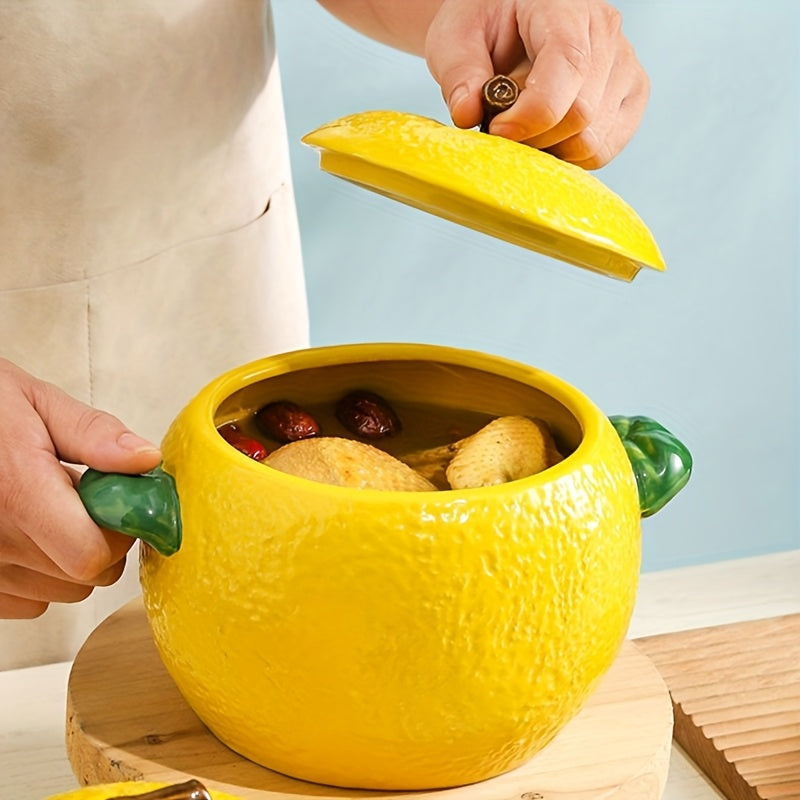 Large Ceramic Lemon-Shaped Pot with Lid for Baking Serving and Storage