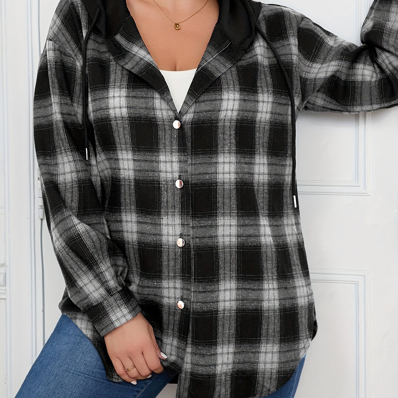 Plus Size Womens Casual Plaid Hooded Shirt Long Sleeve Button Top