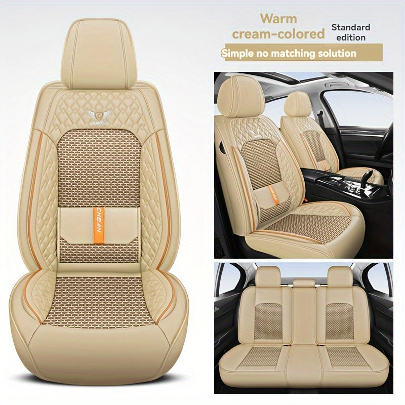 Fundas de asientos de coche de lujo para vehículos de 5 plazas, azul marino y naranja, malla transpirable, cuero PU