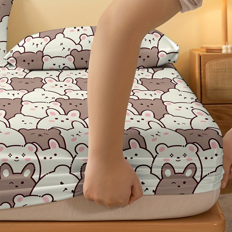Cartoon Bear Print Fitted Sheet Soft Comfortable Mattress Protector Deep Pocket Bed Sheet