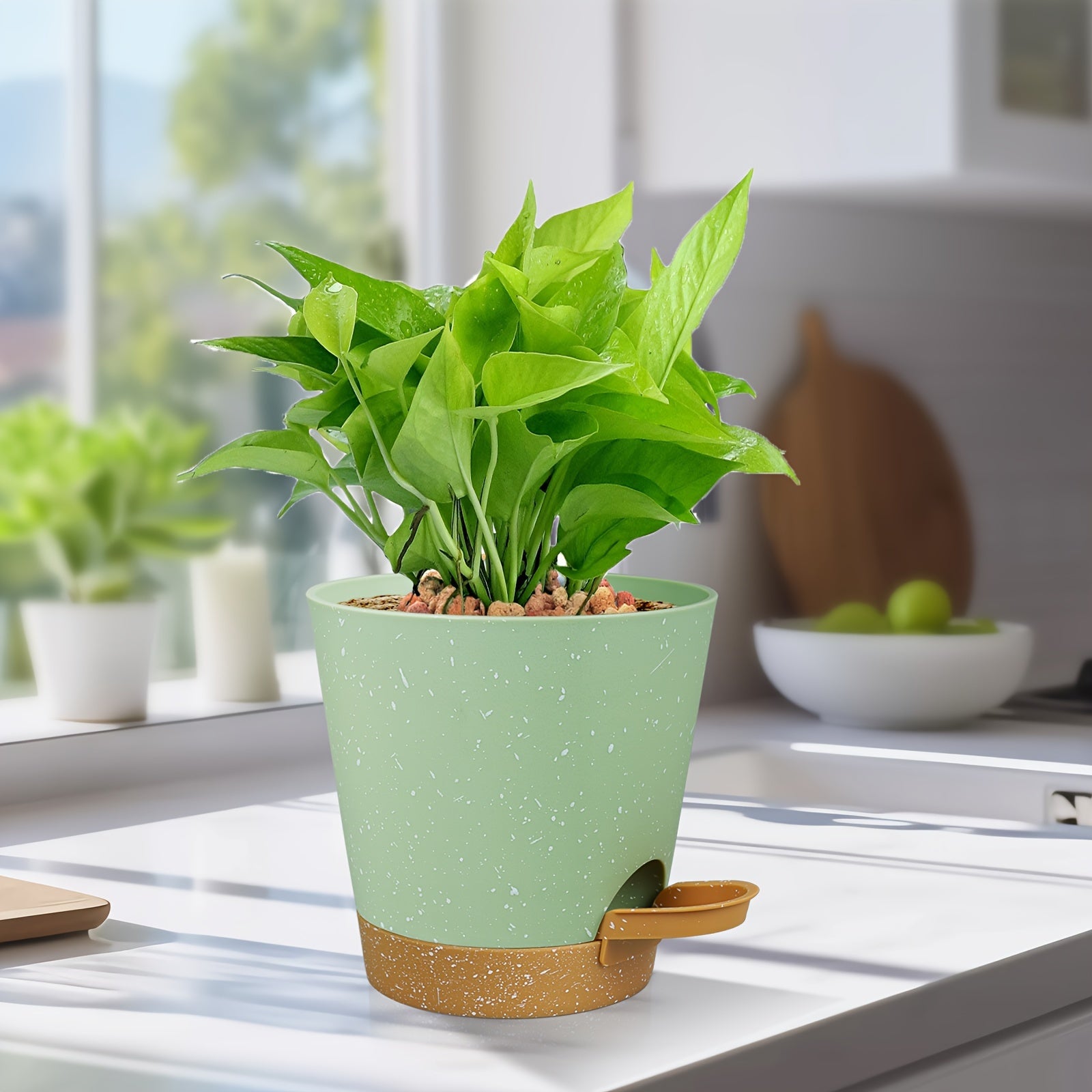 Set of 6 Modern Plastic Planters with Speckled Design Self-Watering Drainage Holes Indoor Outdoor