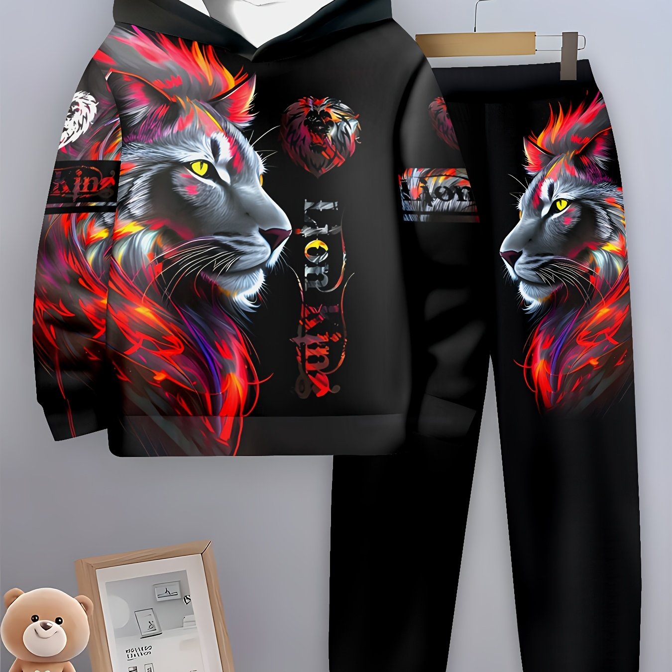 Yigitlar uchun 3D bosma kundalik sport kiyimlari to'plami, polyester to'qilgan kapushonli, oddiy fit, bahor va kuz uchun ochiq havoda