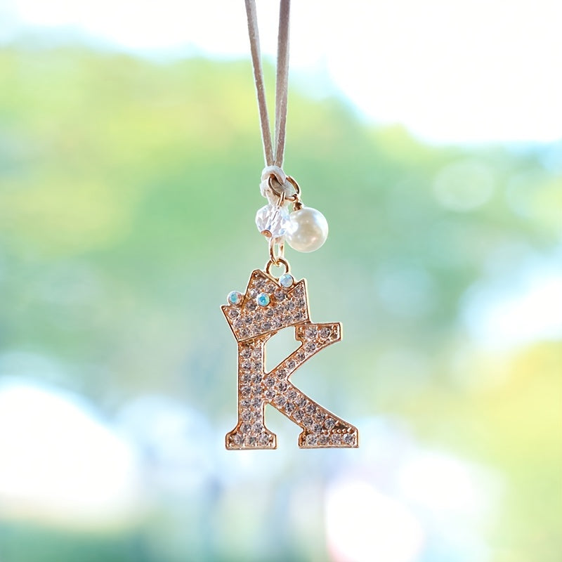 Alphabet Car Mirror Charm Set with Sparkling Crown Pendants for Vehicle Decoration