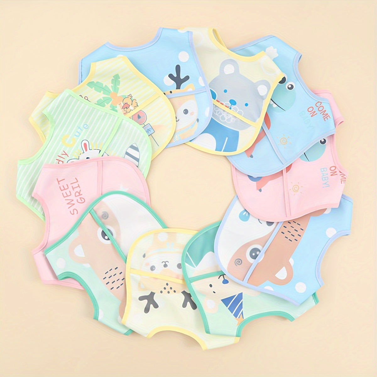 Baby Bib Set Waterproof Sleeveless Back-Wear for Kids and Infants 3 or 5 Pieces