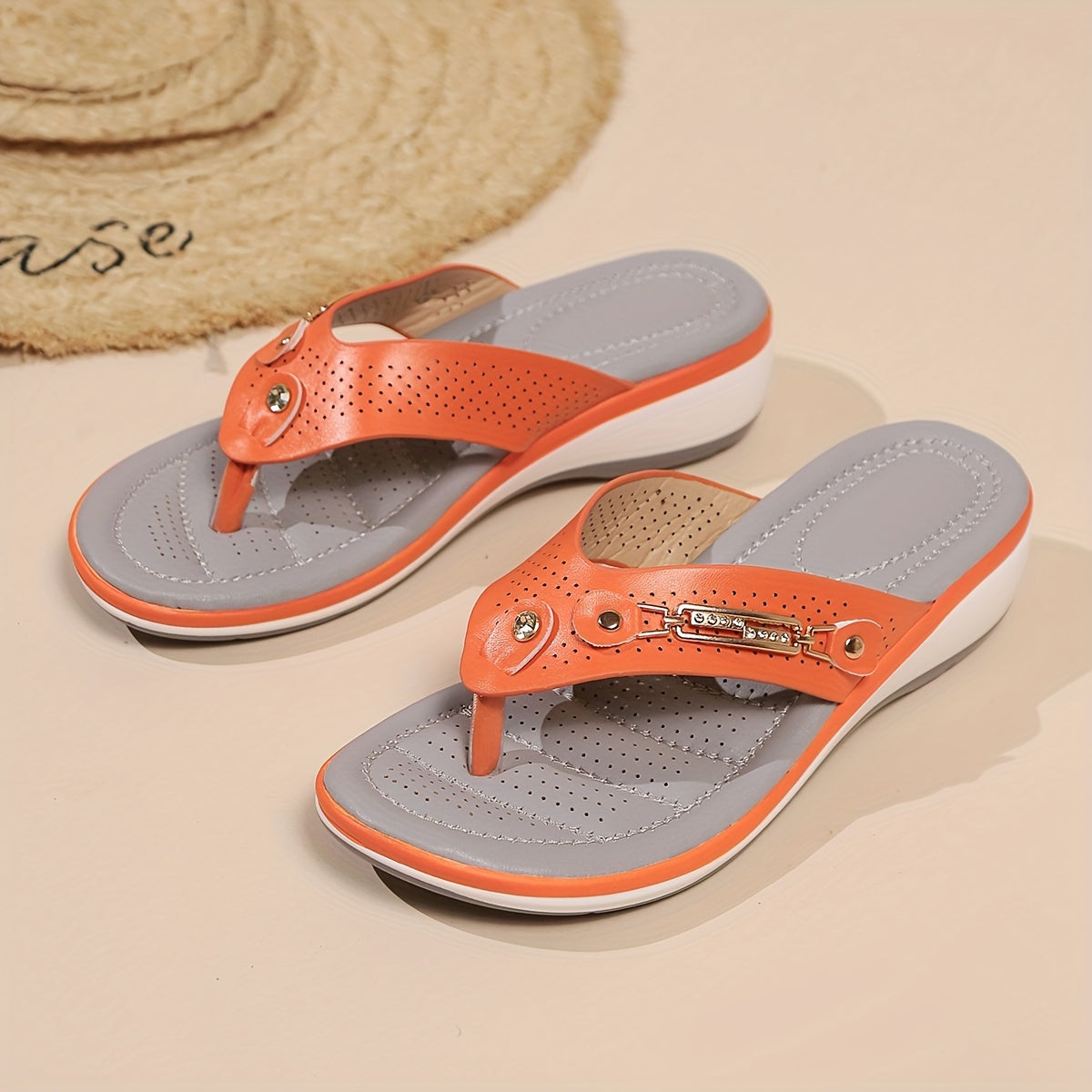 Women's Solid Color Flip Flops Rhinestone Buckle Summer Wedge Slides