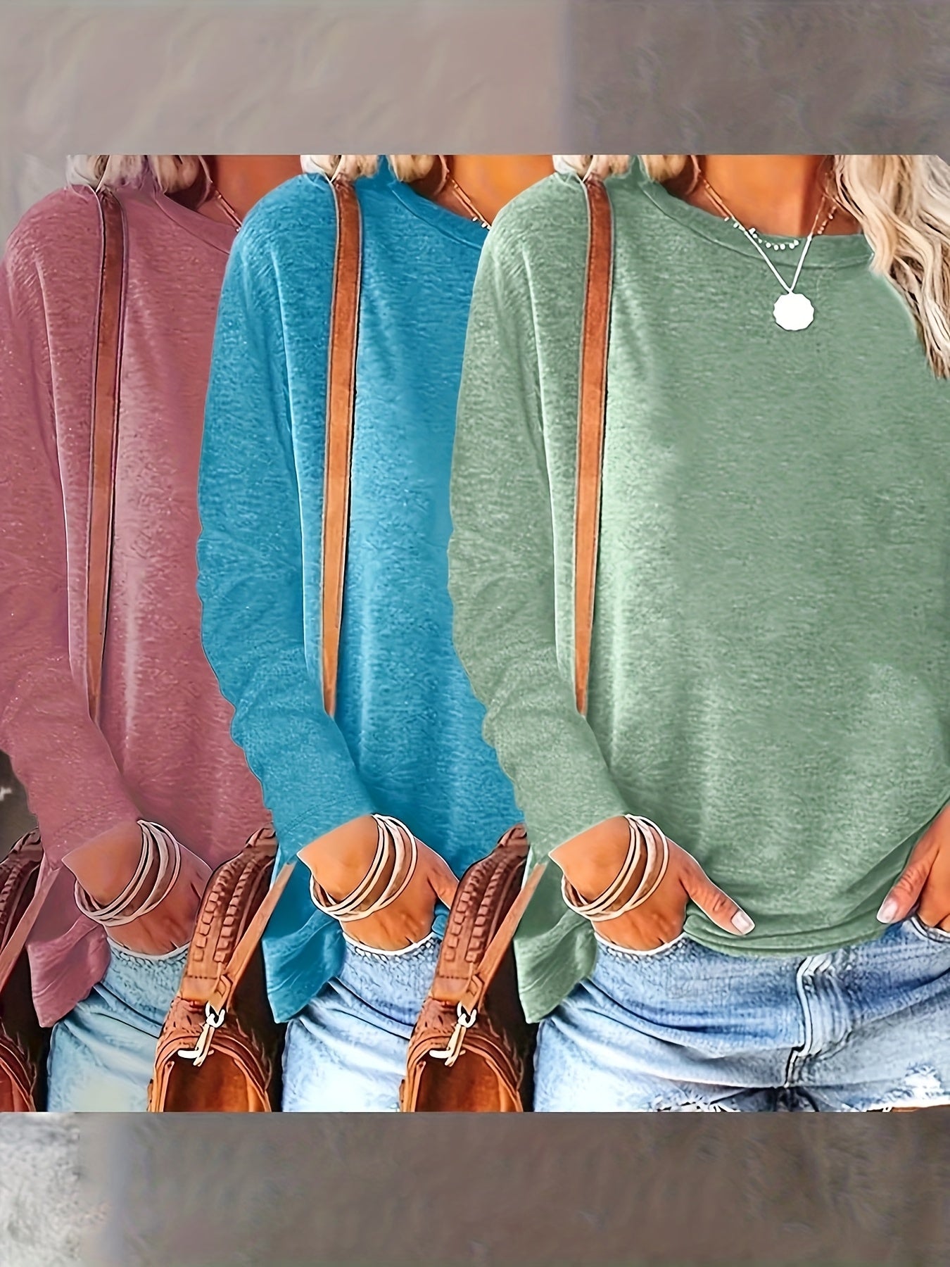 Camisetas de manga larga para mujer con cuello redondo, colores sólidos, pack de primavera y otoño, cómodas