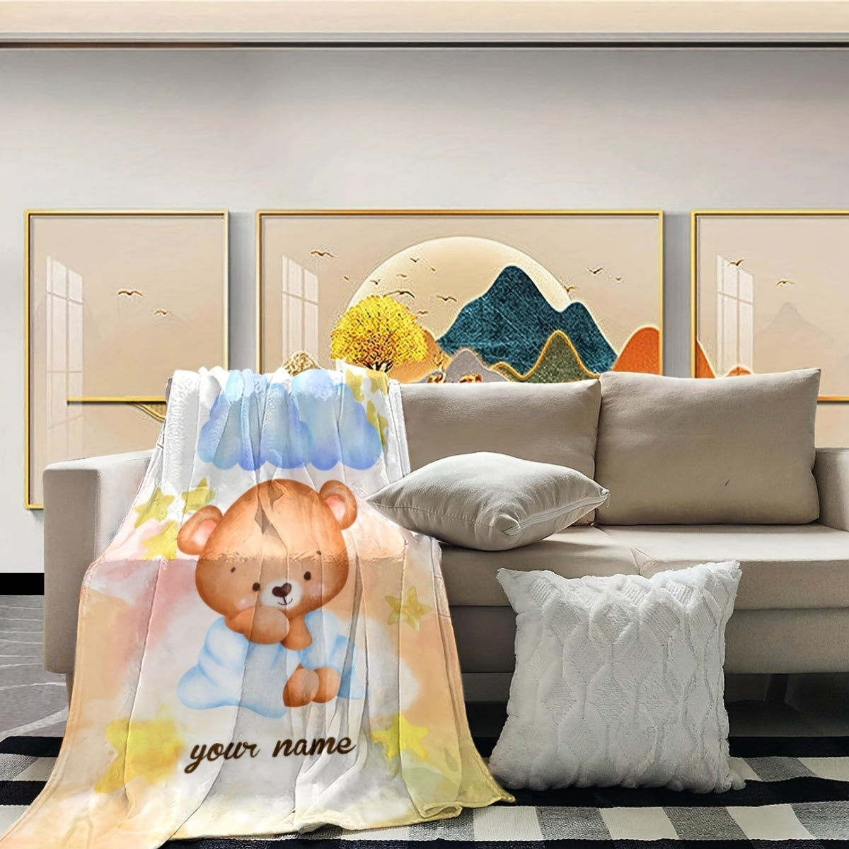Personalized Cartoon Bear Print Flannel Throw Blanket for Home Decor and Gifts