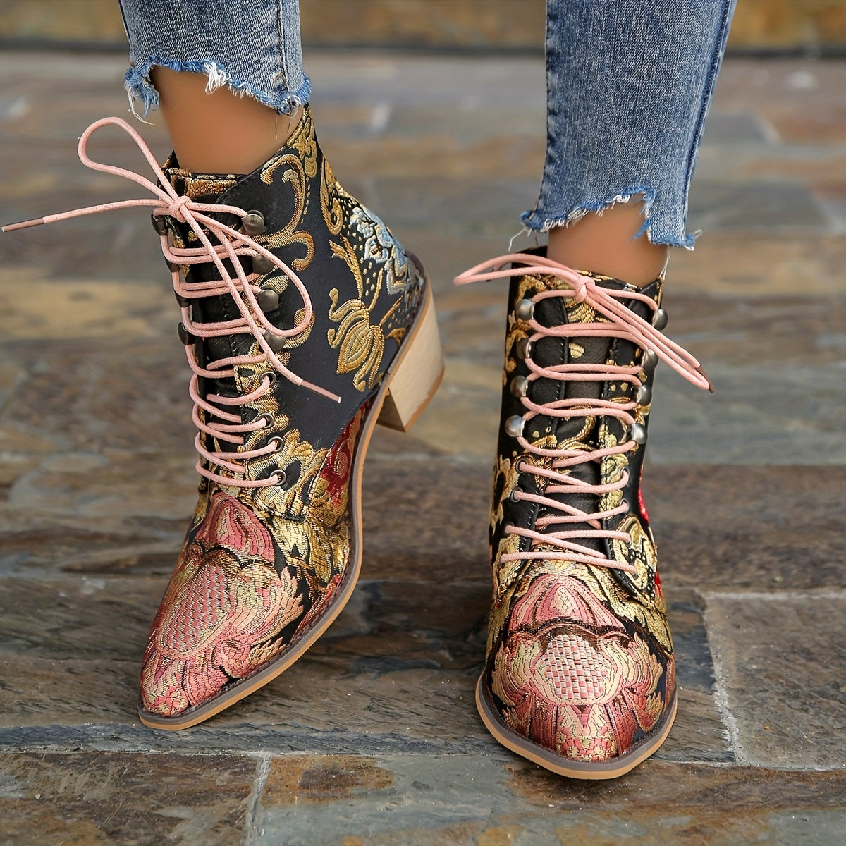 Women's Vintage Floral Leather Boots, Lace Up Chunky Heel Western Cowboy Shoes