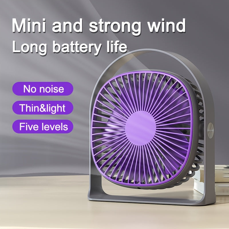Desktop Fan with LED Light, 5-Speed, 360° Rotatable, USB Rechargeable, Portable