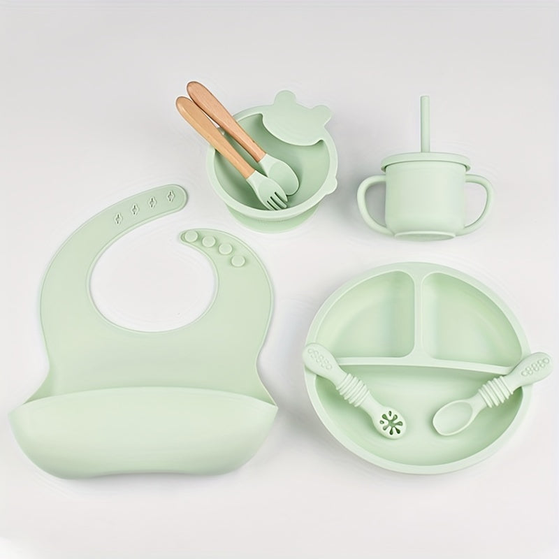 Juego de vajilla de silicona para niños pequeños, 8 piezas, incluye plato, cuenco, cuchara, tenedor, pajita, taza, babero, libre de BPA, no tóxico, apto para lavavajillas, para edades de 0 a 3 años