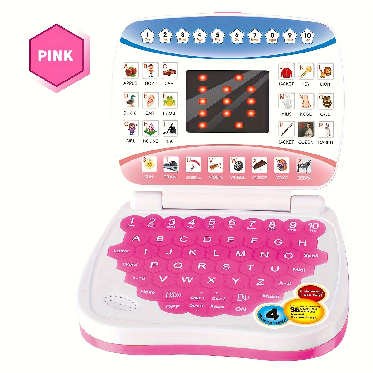 Mini Educational Laptop Toy for Kids 3+ with Letters Numbers and Music White Blue Pink
