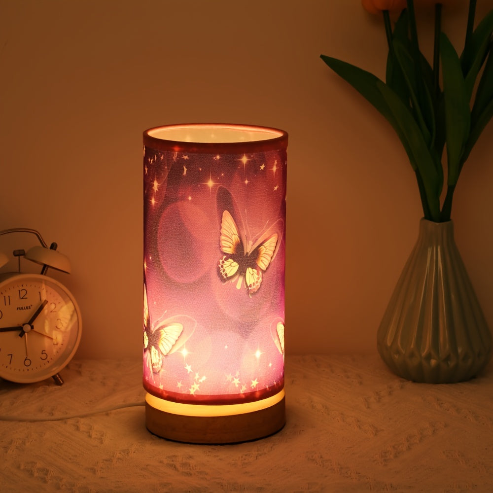 Purple Butterfly Table Lamp with Wood Base for Bedroom or Room Decor