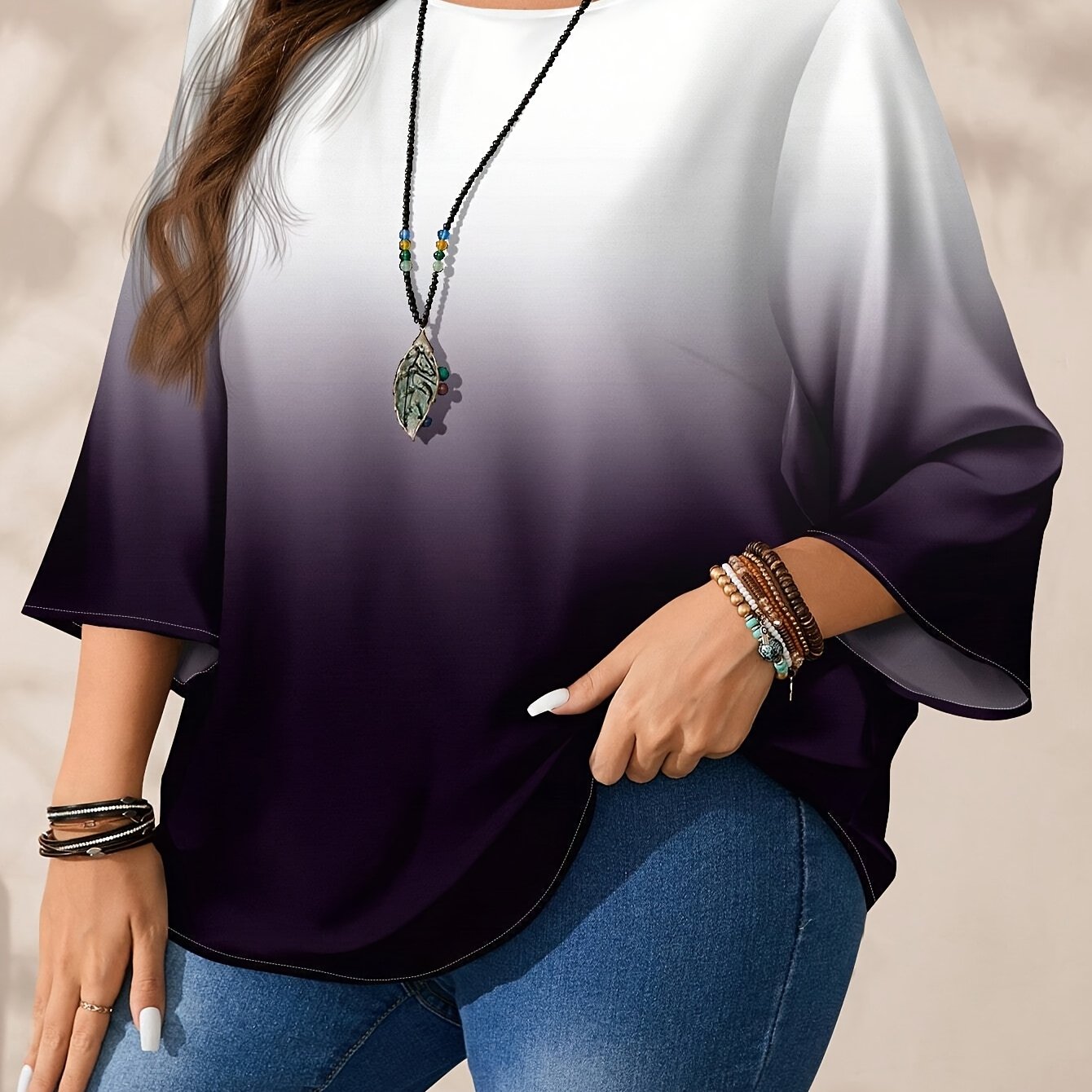 Plus Size Women's Gradient Blouse Office Wear Mid-Length Three-Quarter Sleeves Polyester