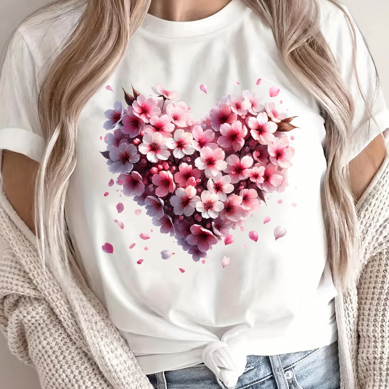 Women Plus Size Loose T-Shirt with Heart Pattern Cotton Short Sleeves
