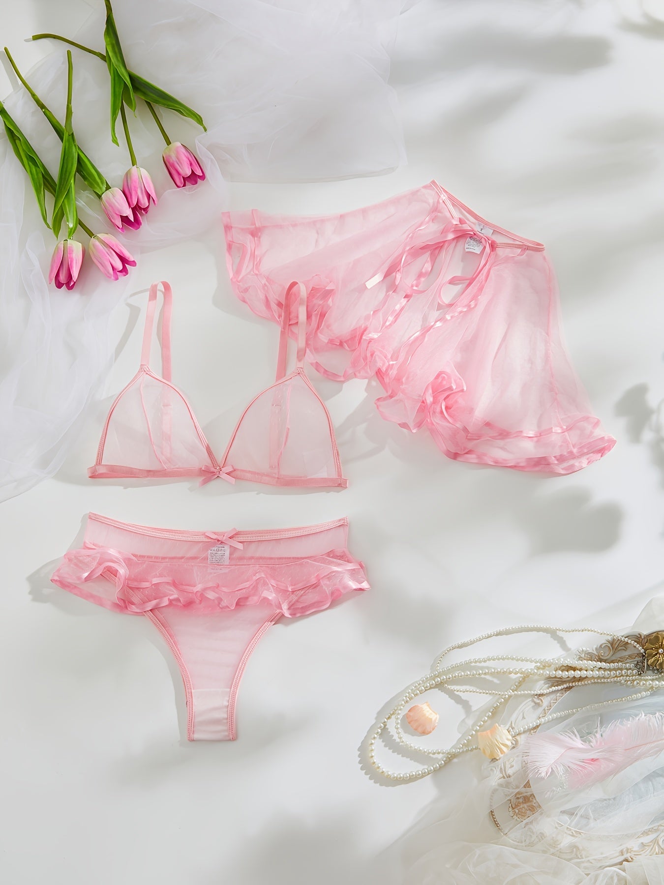 Pink Sheer Lingerie Set for Women with Cape Bralette and Ruffle Panty Polka Dot Pattern