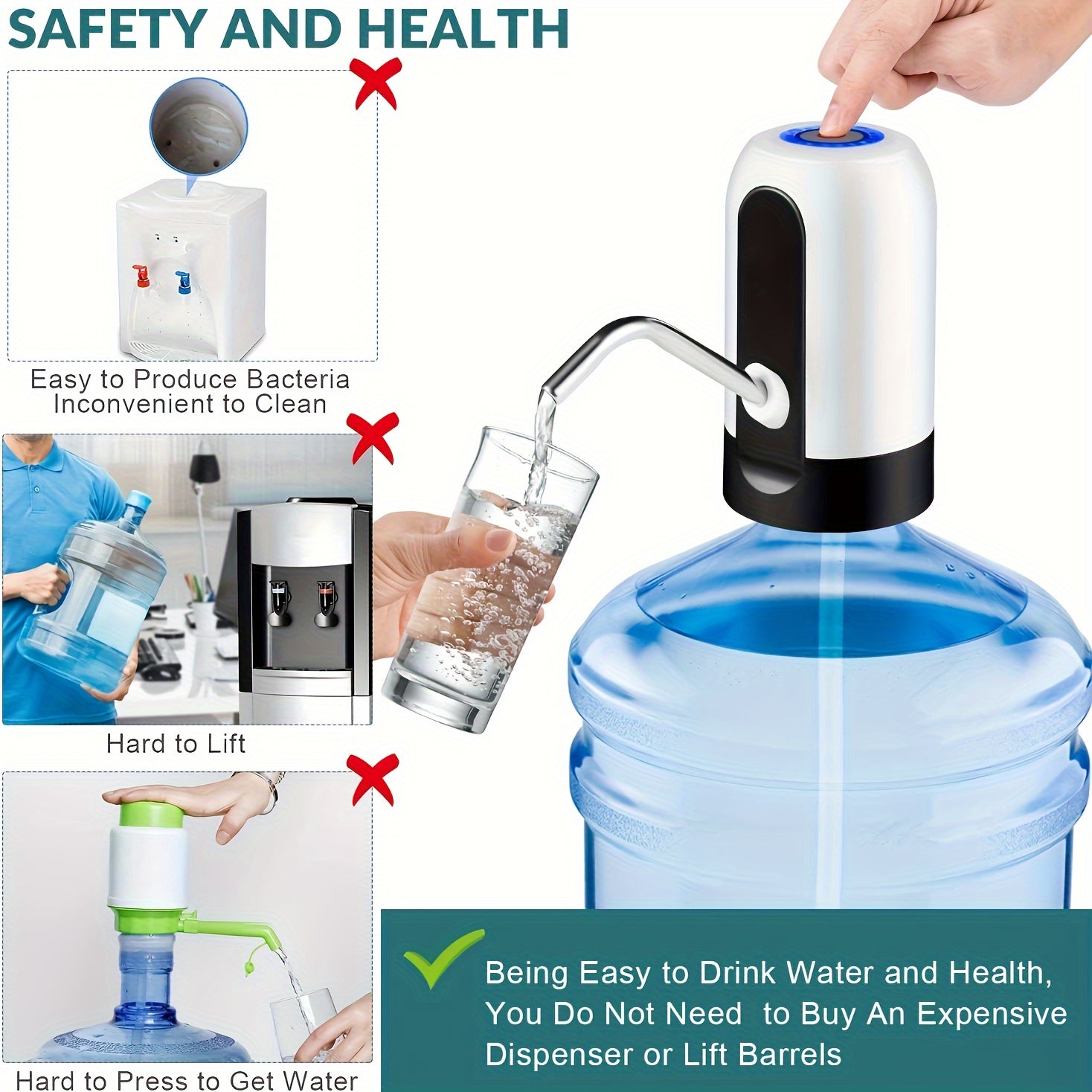 Rechargeable Electric Water Bottle Pump with Stainless Steel Spout and Silicone Hose