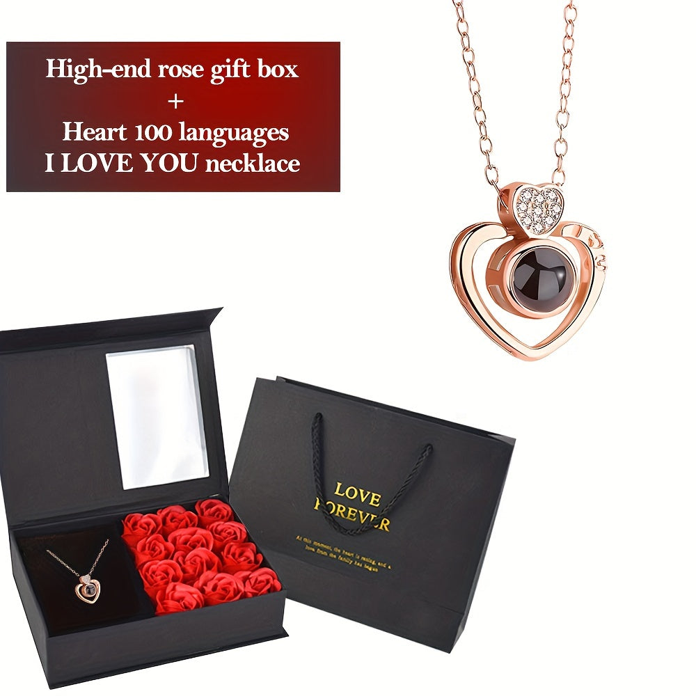 Heart Pendant Necklace Set with Red Rose for Valentine's Day and Gift