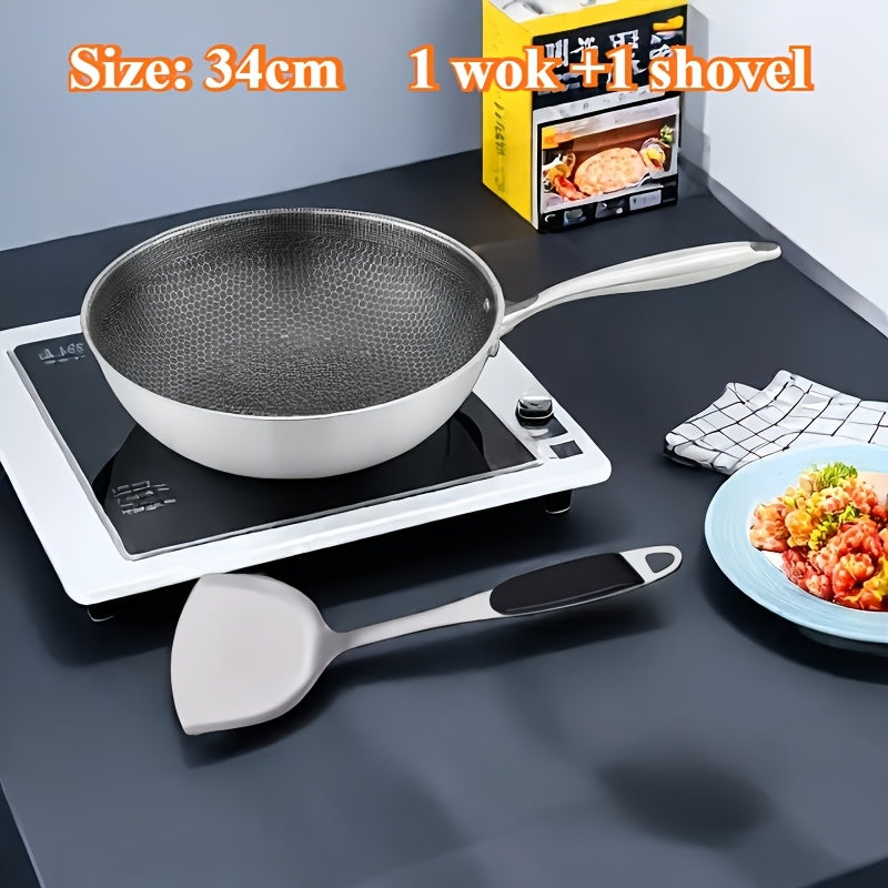 Stainless Steel Wok with Honeycomb Pattern Non-Stick Scratch-Resistant for Stir-Frying on Gas and Induction Cooktops