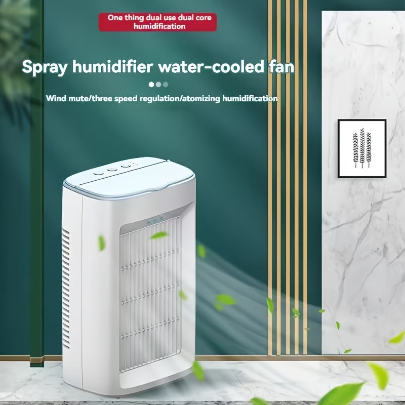Mini ventilador de aire acondicionado portátil con pulverizador de niebla para enfriar en el escritorio del dormitorio