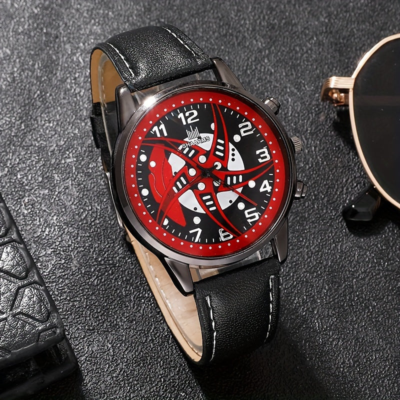Men's Red Black Quartz Leather Watch and Bead Bracelet Set Gift for Him
