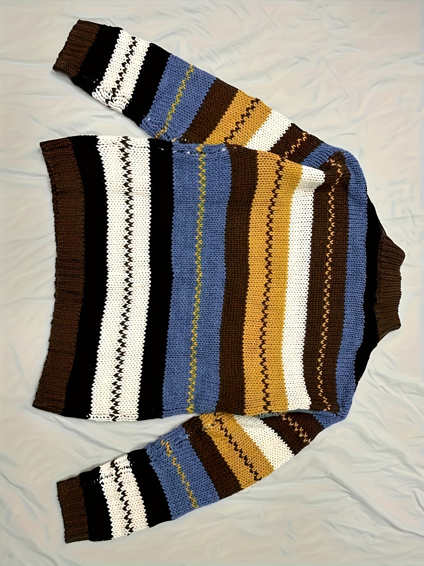 Plus Size Striped Acrylic Knit Sweater High Neck Pullover All Seasons