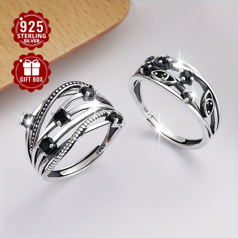 Sterling Silver Adjustable Open Band Multi-Layer Ring with Black Synthetic Zirconia