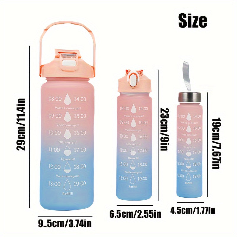 Set of 3 Sports Water Bottles with Time Marker Leakproof One-Click Open Lid for Fitness and Outdoor Activities