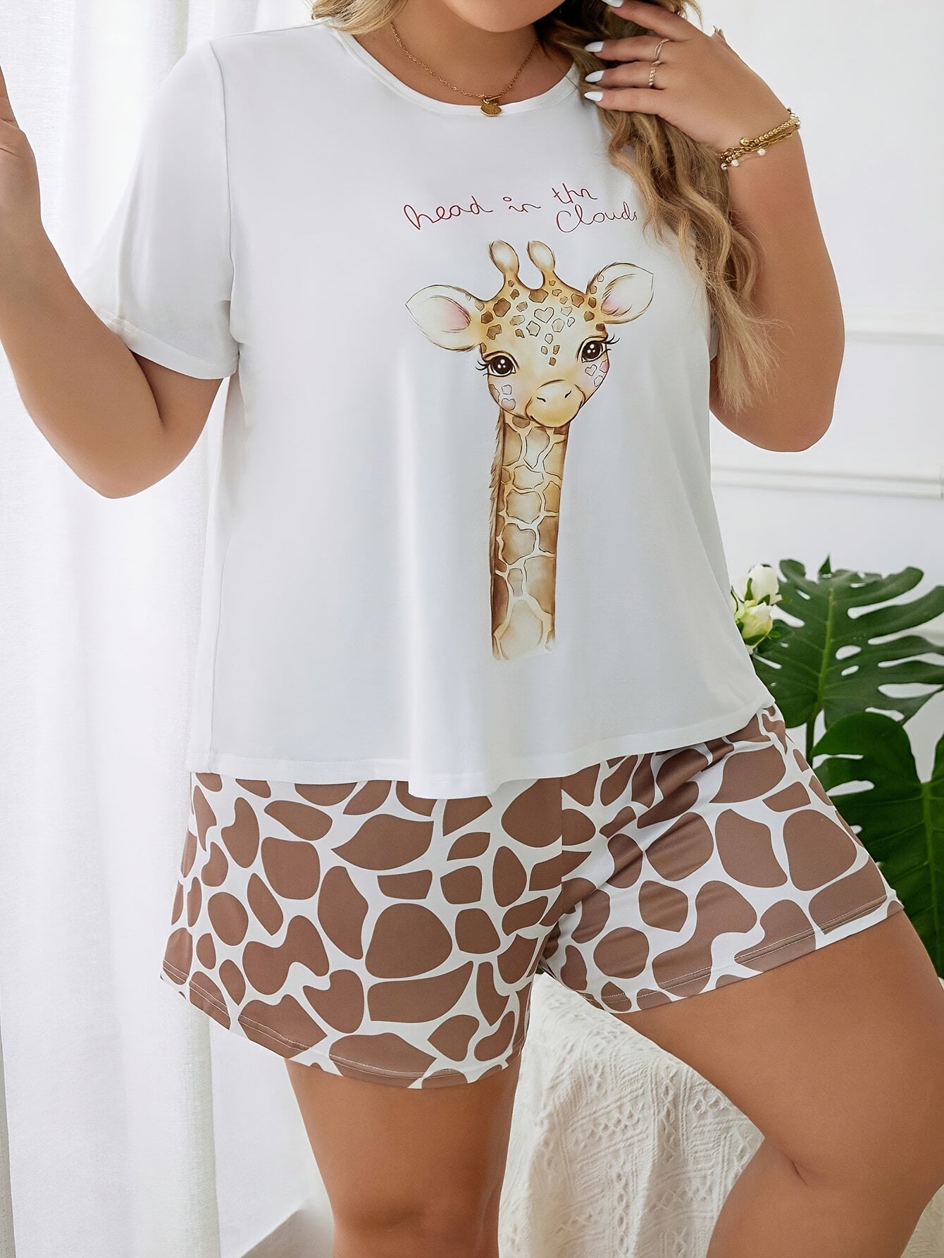 Women’s Cotton Animal Pajama Set Giraffe Print Short Sleeve Top Shorts Lounge Sleepwear
