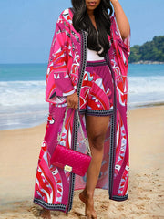 Conjunto de dos piezas con estampado tropical para mujer, cárdigan de abertura frontal en verde y amarillo, pantalones cortos de tiro alto, casual, poliéster