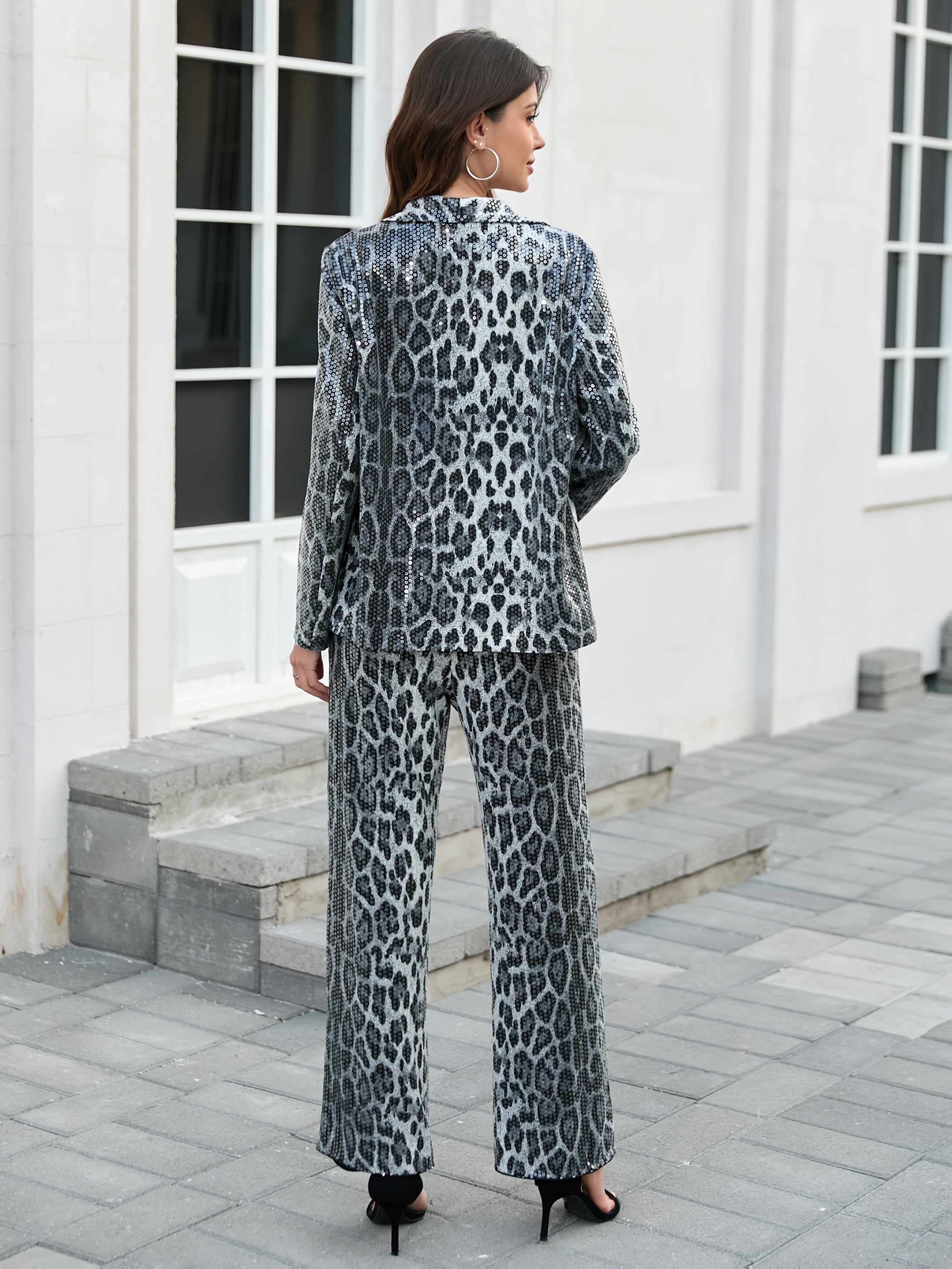 Women's Leopard Print Sequin Slim Suit Pants Set Elegant Fashion