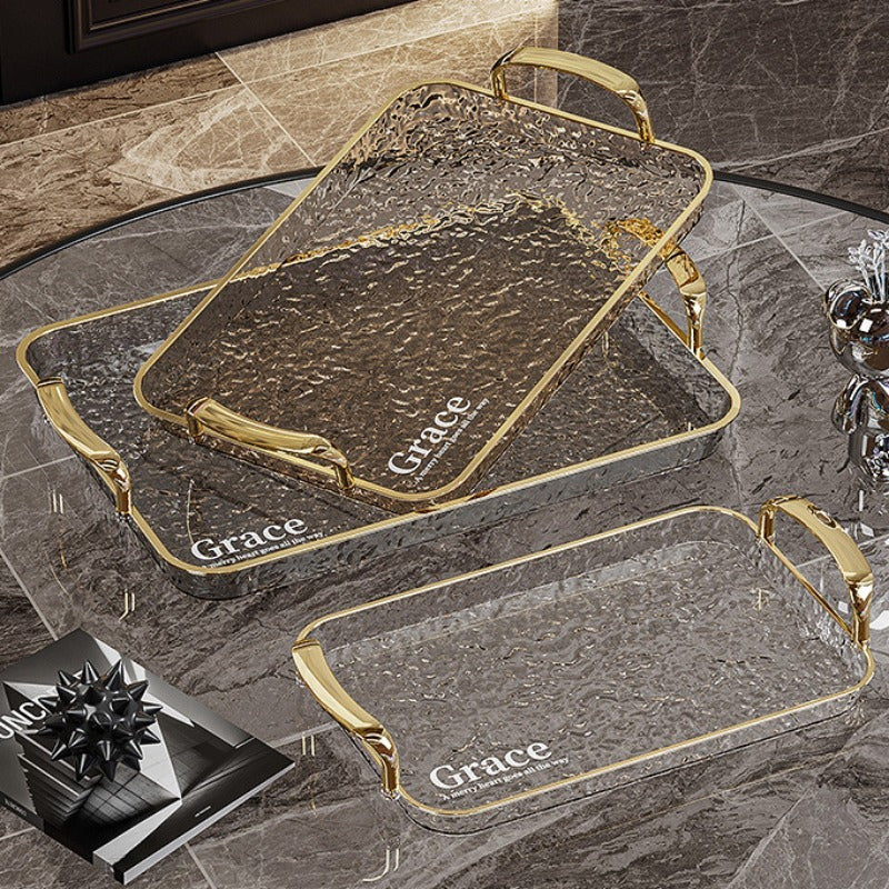 Golden Rimmed Rectangular Serving Trays Set Large Transparent Plastic with Handles for Fruits Snacks Pastries