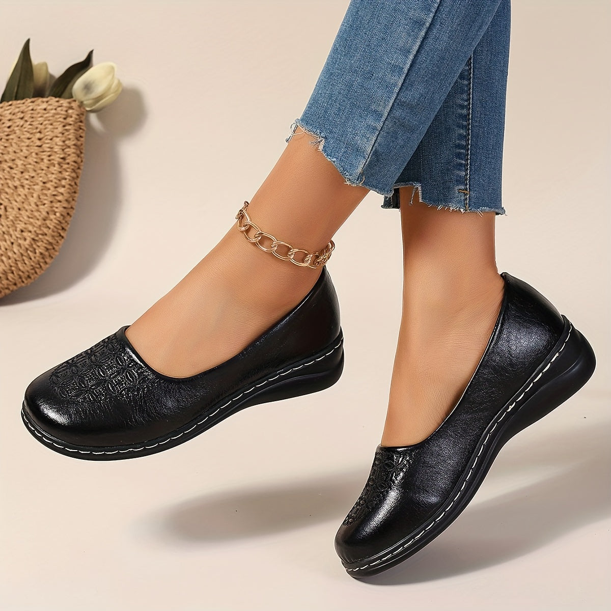 Women's Leather Slip-On Loafers with Embroidered Design and Cushioned Insole