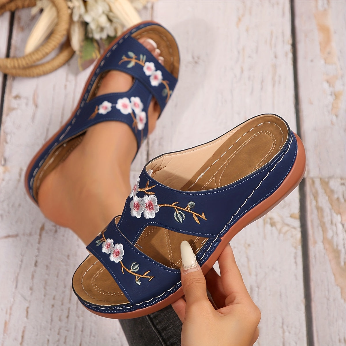 Women's Floral Wedge Sandals Faux Cover Open Toe Slip-On Summer Shoes