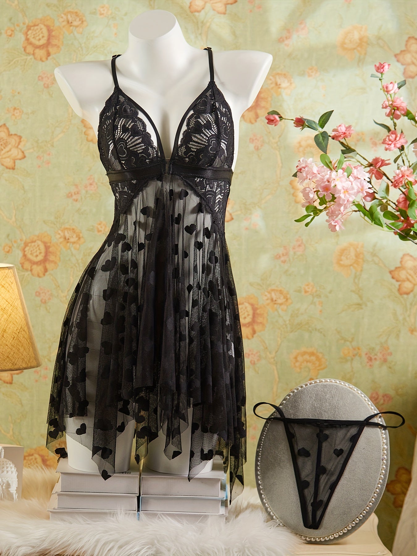 Women's Heart Design Deep V-Neck Slip Dress and Thong Lingerie Set