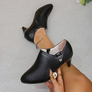 Women’s Black Leather High Heels Pointed Toe Slim Heel Shoes for Spring Autumn