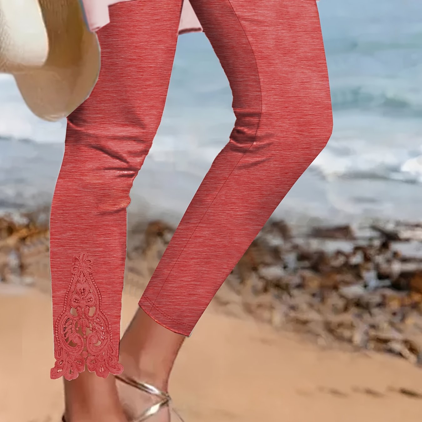 Women's Plus Size Skinny Pants All-Season Knit Contrast Lace Solid