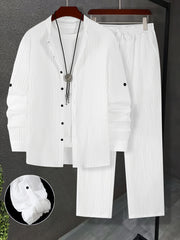 Men's Polyester Sweatsuit Set Casual Regular Fit Collared Shirt Drawstring Pants