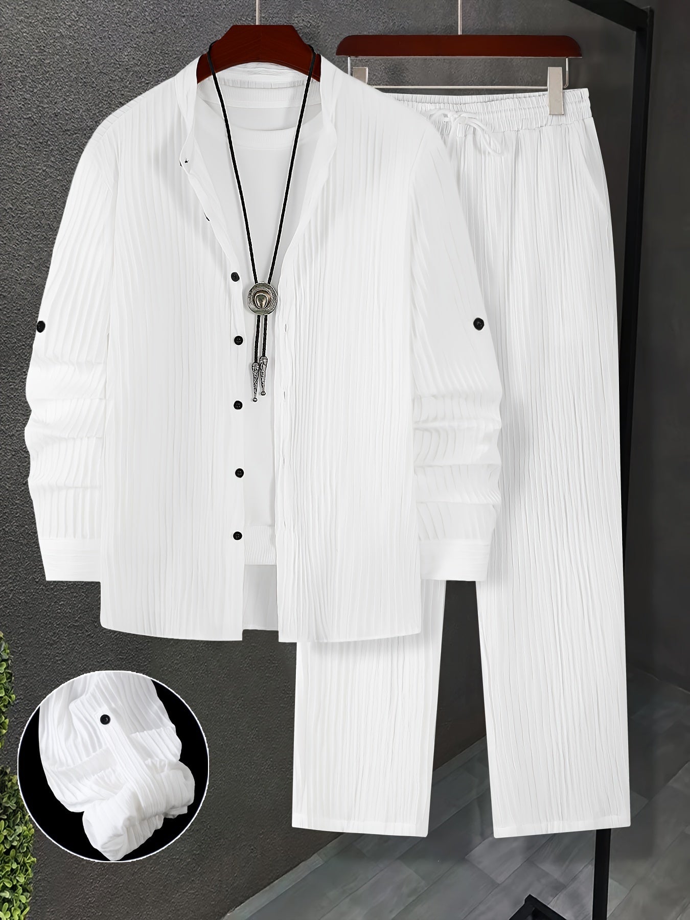 Men's Polyester Sweatsuit Set Casual Regular Fit Collared Shirt Drawstring Pants