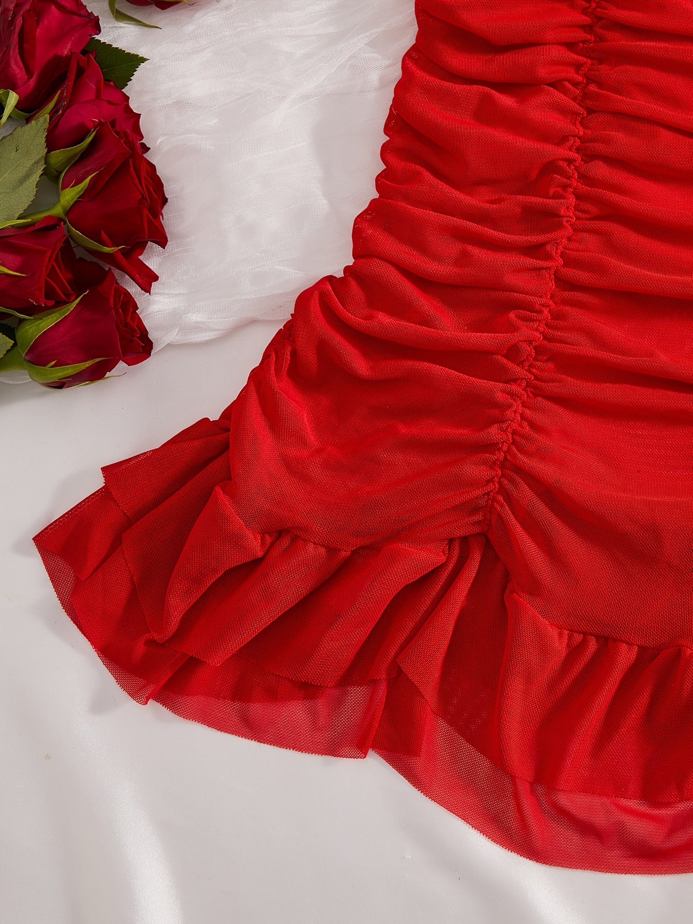 Red Lace Lingerie Dress with Bow Detail Solid Color Evening Wear for Women