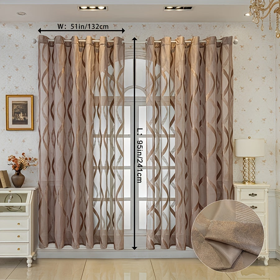 European Coffee Ribbon Curtains Set of 2 Modern Sheer Drapes Grommet Top UV Protection